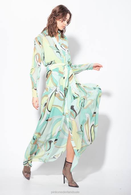 lange jurken | L48837 Voile overhemdjurk met bloemenknop print Pinko veelkleurig - aquagroen/beige