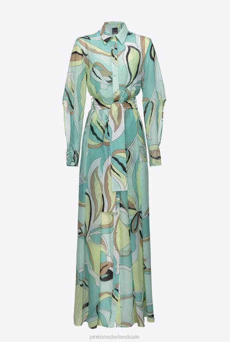 lange jurken | L48837 Voile overhemdjurk met bloemenknop print Pinko veelkleurig - aquagroen/beige