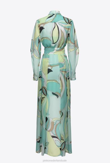 lange jurken | L48837 Voile overhemdjurk met bloemenknop print Pinko veelkleurig - aquagroen/beige