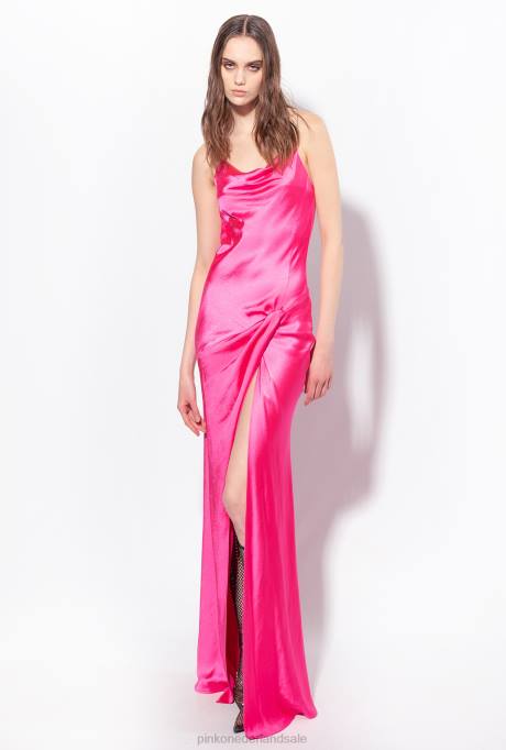 lange jurken | L48847 lange satijnen jurk met ringdetail Pinko fuchsia paars