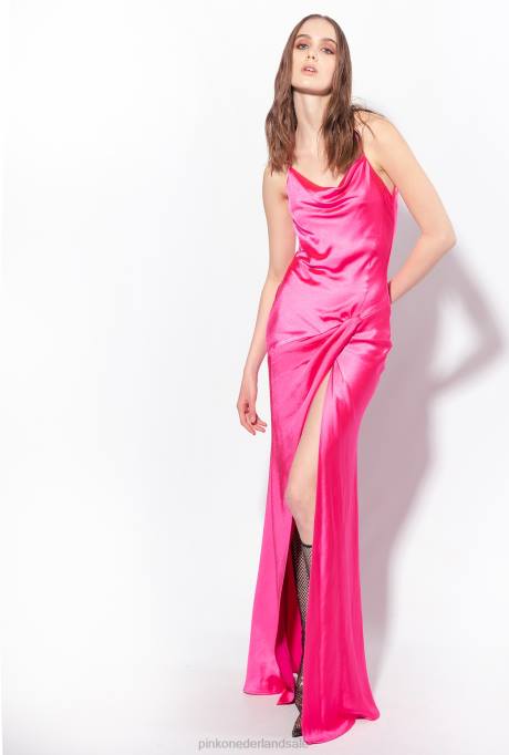 lange jurken | L48847 lange satijnen jurk met ringdetail Pinko fuchsia paars