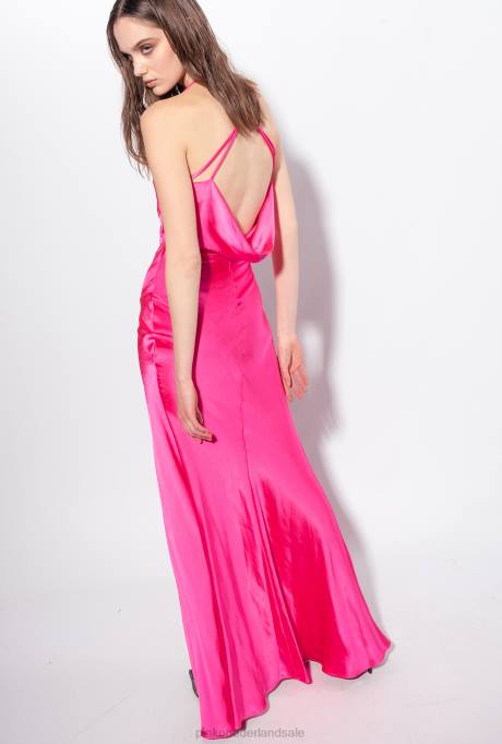 lange jurken | L48847 lange satijnen jurk met ringdetail Pinko fuchsia paars