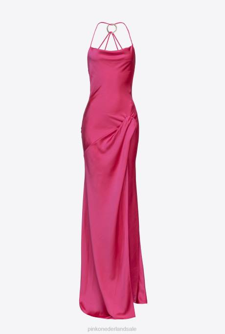 lange jurken | L48847 lange satijnen jurk met ringdetail Pinko fuchsia paars