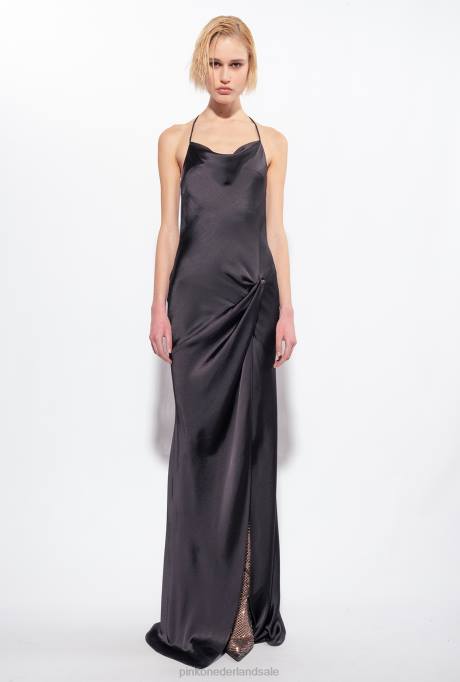 lange jurken | L48848 lange satijnen jurk met ringdetail Pinko limousine zwart