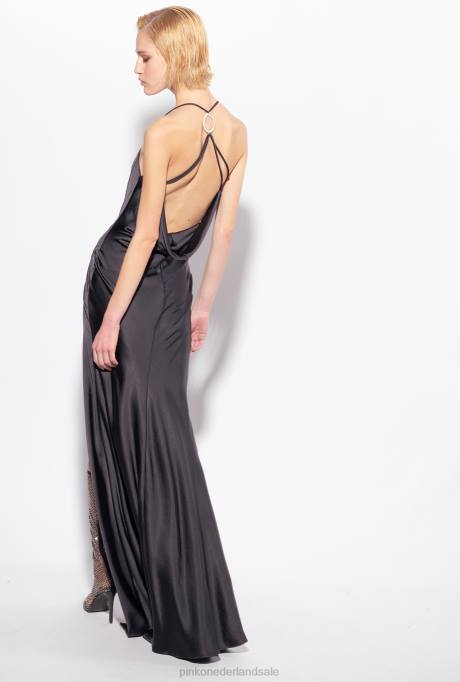 lange jurken | L48848 lange satijnen jurk met ringdetail Pinko limousine zwart