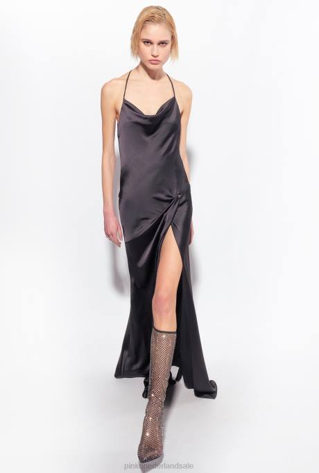 lange jurken | L48848 lange satijnen jurk met ringdetail Pinko limousine zwart