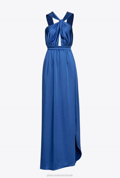 lange jurken | L48849 lange satijnen jurk met split Pinko blauw