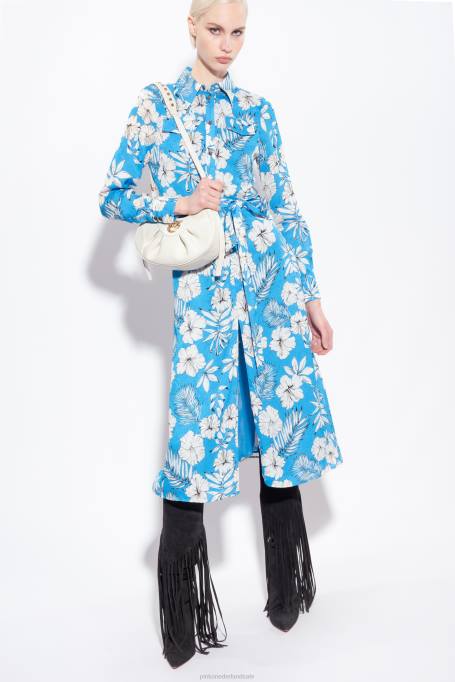 lange jurken | L48852 grafische gebloemde overhemdjurk Pinko turkoois/boter/zwart