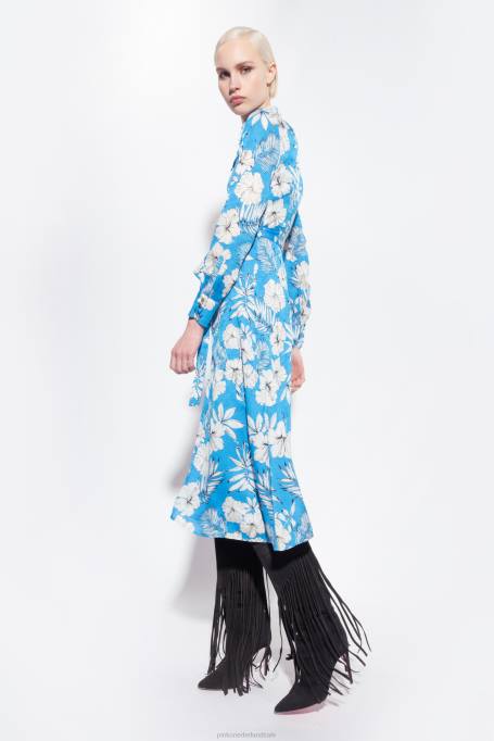 lange jurken | L48852 grafische gebloemde overhemdjurk Pinko turkoois/boter/zwart