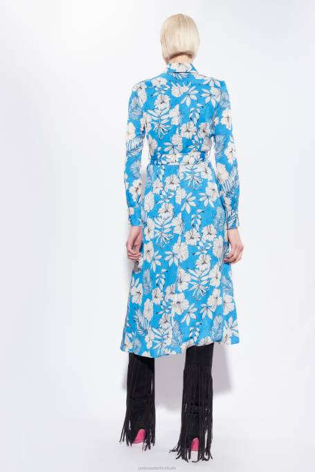 lange jurken | L48852 grafische gebloemde overhemdjurk Pinko turkoois/boter/zwart