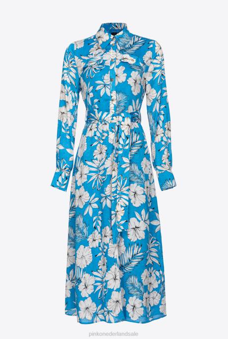 lange jurken | L48852 grafische gebloemde overhemdjurk Pinko turkoois/boter/zwart