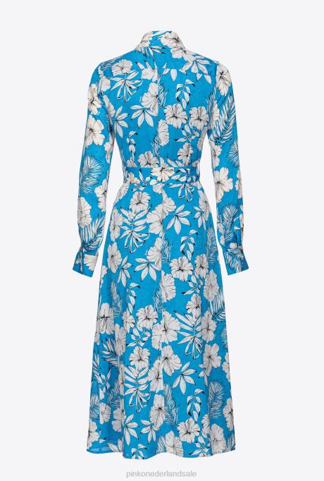 lange jurken | L48852 grafische gebloemde overhemdjurk Pinko turkoois/boter/zwart