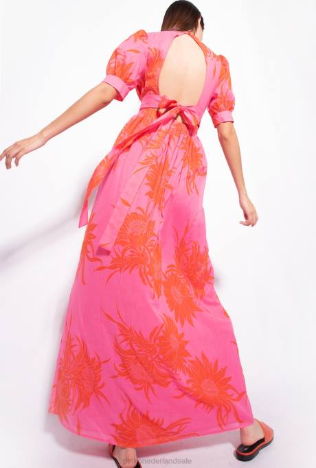 lange jurken | L48863 lange jurk met grote bedrukte bloemen Pinko roze/rood