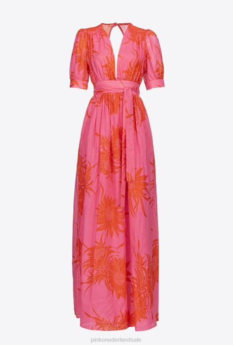 lange jurken | L48863 lange jurk met grote bedrukte bloemen Pinko roze/rood