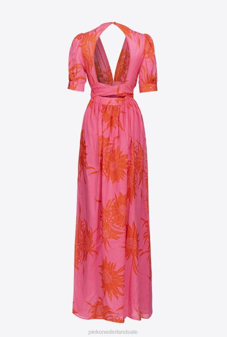 lange jurken | L48863 lange jurk met grote bedrukte bloemen Pinko roze/rood