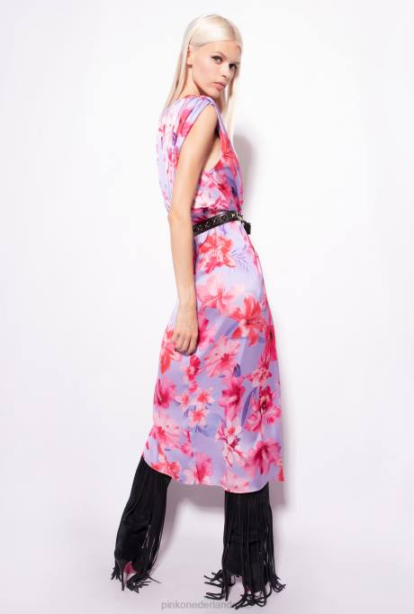 lange jurken | L48899 satijnen jurk met bloemenprint Pinko lila/lichtroze/fuchsia
