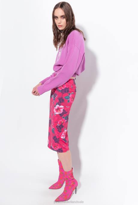 halflange rokken | L488821 kuitlange rok met hibiscusprint Pinko multi. fuchsia/roze
