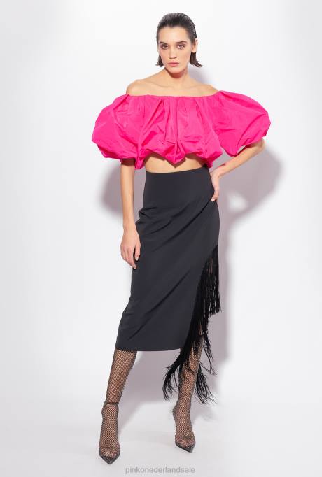 halflange rokken | L488910 kuitlange rok met franjes aan de zijkant Pinko limousine zwart