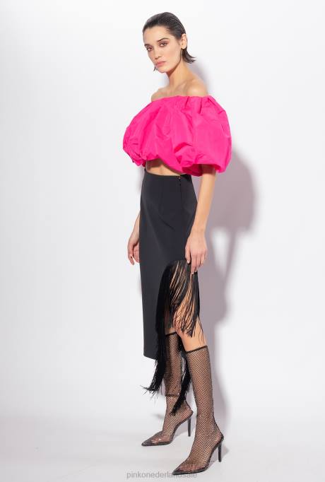 halflange rokken | L488910 kuitlange rok met franjes aan de zijkant Pinko limousine zwart