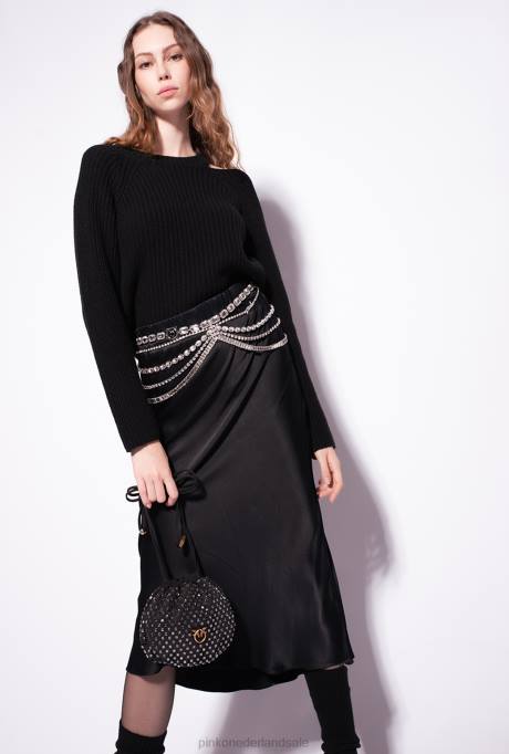 halflange rokken | L488923 satijnen rok met juwelenriem Pinko limousine zwart