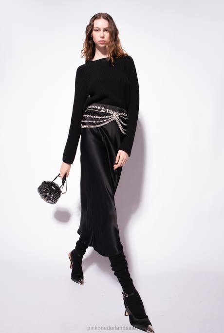 halflange rokken | L488923 satijnen rok met juwelenriem Pinko limousine zwart