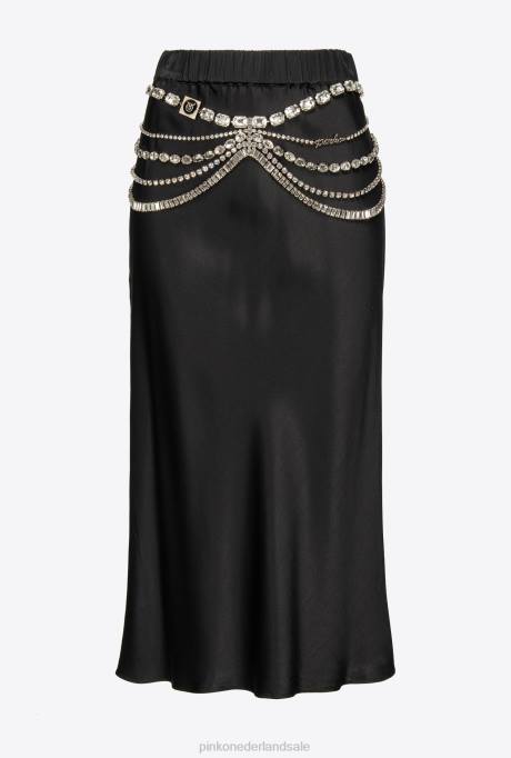 halflange rokken | L488923 satijnen rok met juwelenriem Pinko limousine zwart
