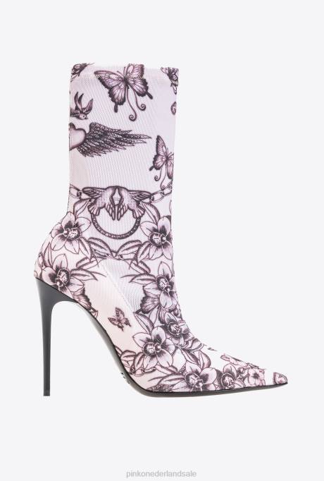 laarzen | L4881108 Enkellaarzen van mesh met print Pinko naakt/zwart
