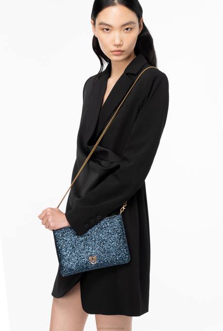 crossbodytassen | L4881198 glinsterende klassieke platte liefdestas Pinko clematis blauw-antiek goud