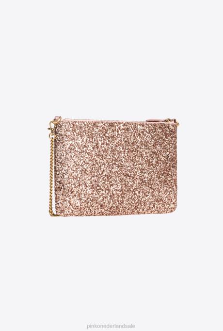 crossbodytassen | L4881200 glinsterende klassieke platte liefdestas Pinko stoffig roze-antiek goud