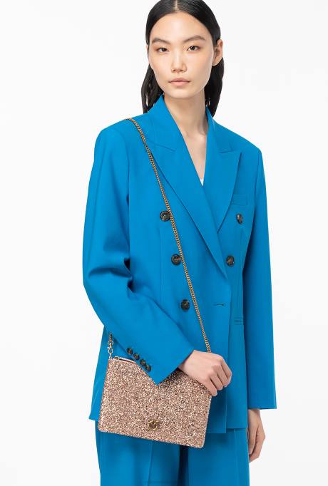 crossbodytassen | L4881200 glinsterende klassieke platte liefdestas Pinko stoffig roze-antiek goud