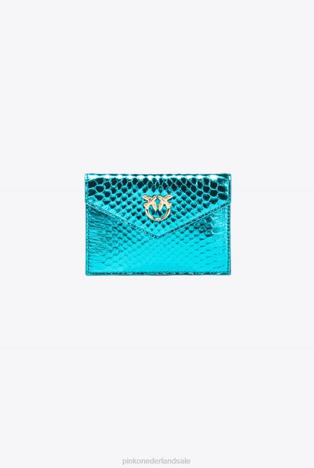 clutches | L4881171 galleria platte kaarthouder in gelamineerde reptielenhuid Pinko petrol-glanzend goud
