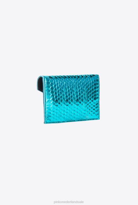 clutches | L4881171 galleria platte kaarthouder in gelamineerde reptielenhuid Pinko petrol-glanzend goud