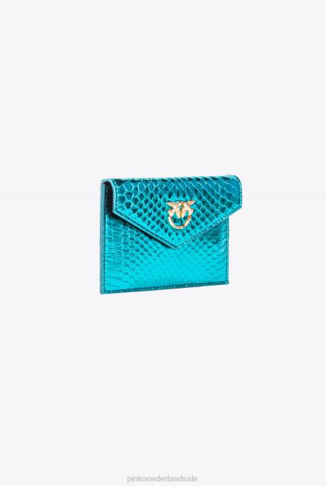 clutches | L4881171 galleria platte kaarthouder in gelamineerde reptielenhuid Pinko petrol-glanzend goud