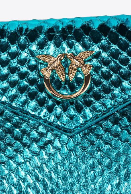 clutches | L4881171 galleria platte kaarthouder in gelamineerde reptielenhuid Pinko petrol-glanzend goud