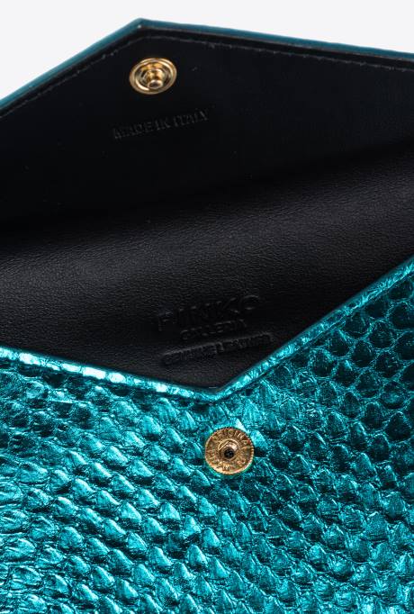 clutches | L4881171 galleria platte kaarthouder in gelamineerde reptielenhuid Pinko petrol-glanzend goud