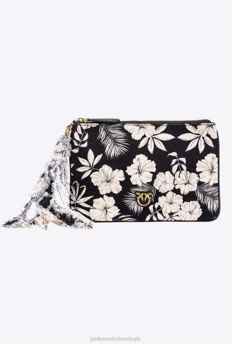 clutches | L4881279 platte tas van gerecycled canvas met print Pinko zwart/boter